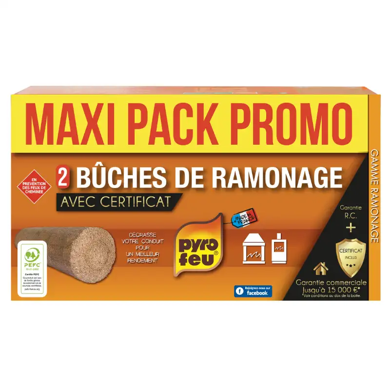 Lot de 2 bûches de ramonage Pyrofeu pour insert (avec Certificat)