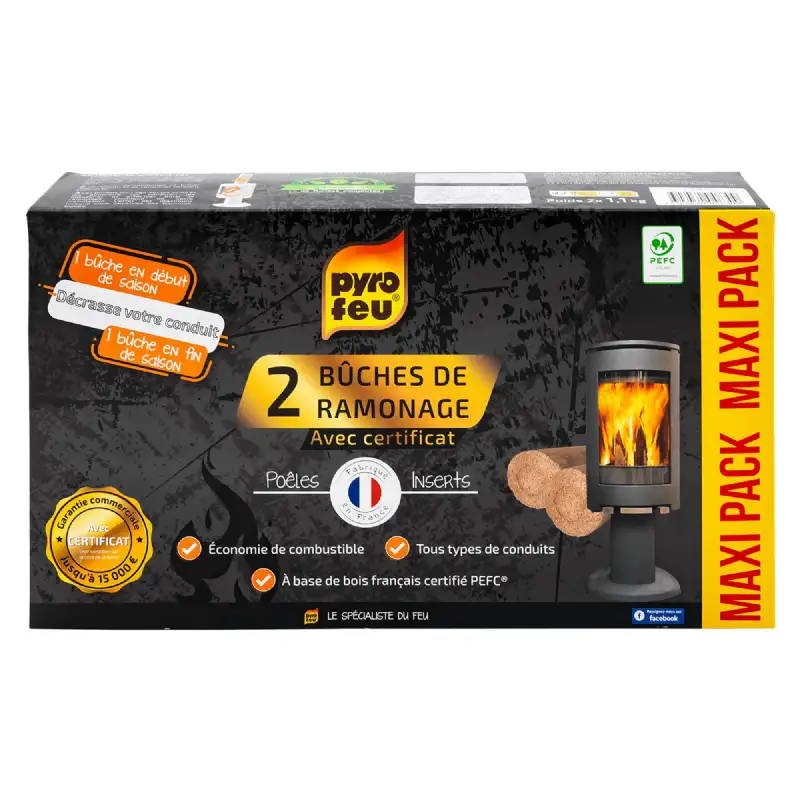 Lot de 2 bûches de ramonage Pyrofeu pour insert (avec Certificat)