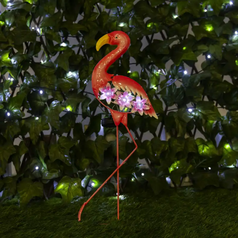 Flamant rose solaire 3 LED blanches