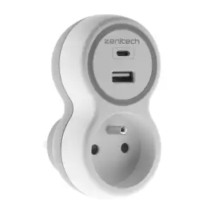 Prise 16A avec chargeurs USB A+C (Blanc et Gris) Zenitech