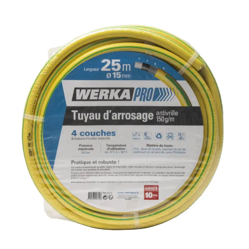 Tuyau d'arrosage renforcé Ø15 mm anti-vrille WERKA PRO 150 g/m